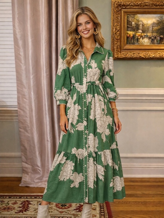 entro Dresses & Skirts - NWT Entro Green Ivory Floral Button Up Meadow Collared Midi Dress Size 1X 1XL